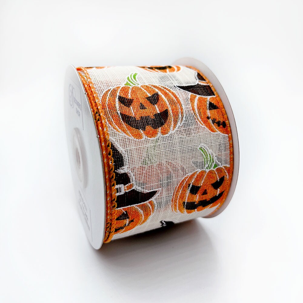 Designer&#x27;s Shop Holiday Autumn Jack O Lanterns wired edge ribbons WR 63-5131 2.5&#x22; x 10 yards