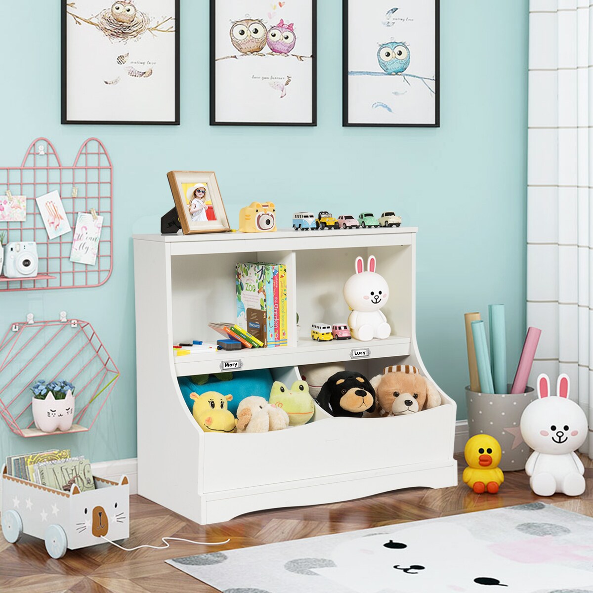Costway Children's Multi-Functional Bookcase Toy Storage Bin Kids Floor Cabinet GreyWhite