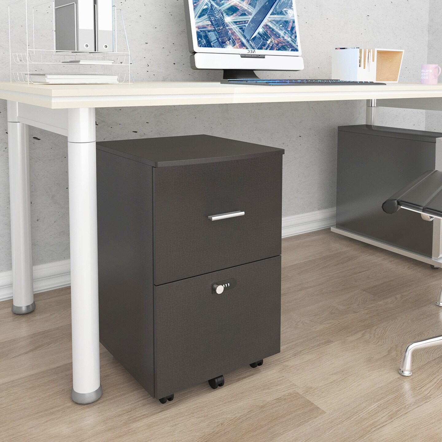 Pulley and Movable File cabinet with two drawers and lock for Hanging File Folders A4 or Letter Size | Small Rolling Printer Stand office storage cabinet