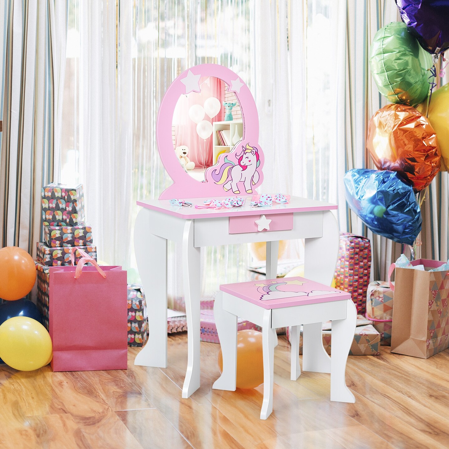 Kids Wooden Makeup Dressing Table and Chair Set with Mirror and Drawer
