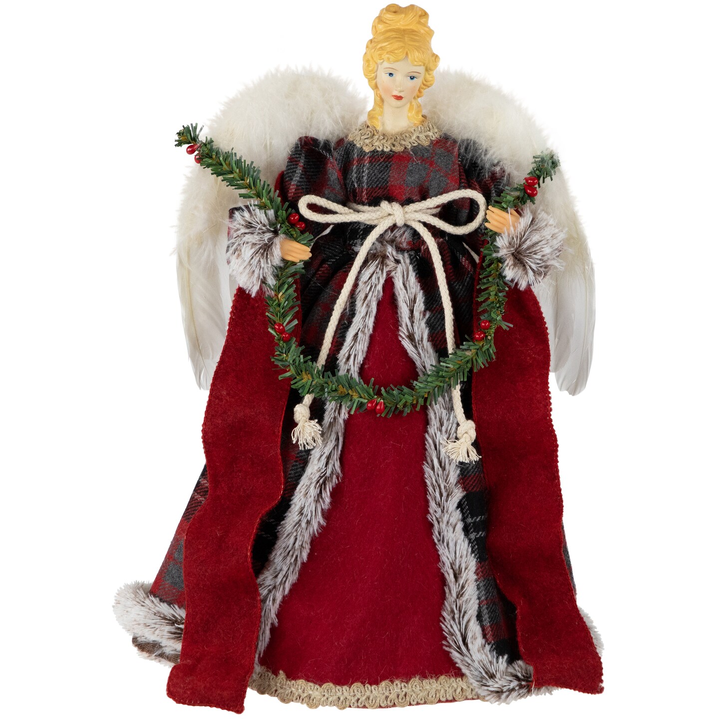Northlight 16&#x22; Red and Plaid Angel Christmas Tree Topper, Unlit