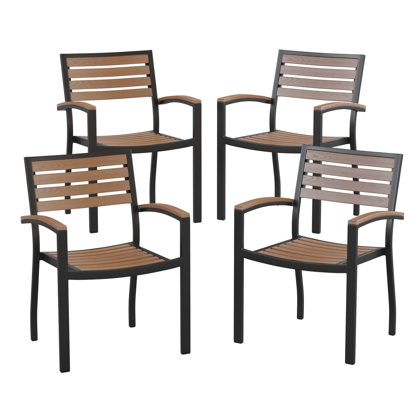 Emma and Oliver Set of 4 Stackable All-Weather Aluminum Patio Chairs with Faux Teak Slats
