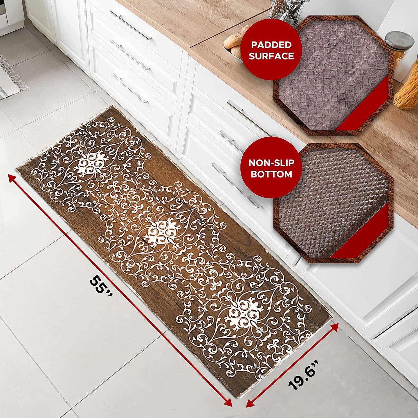 20"x55" Oversized Cushioned Anti-Fatigue Kitchen Runner Mat (Scroll)