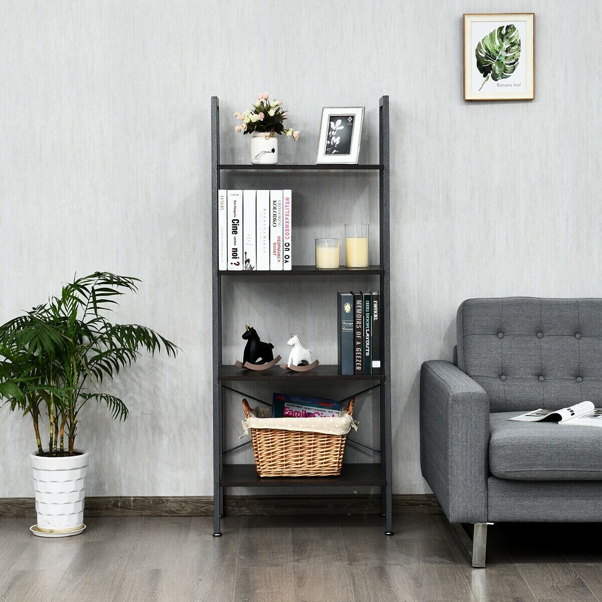 4-Tier Wood Ladder Shelf Display Rack with Metal Frame