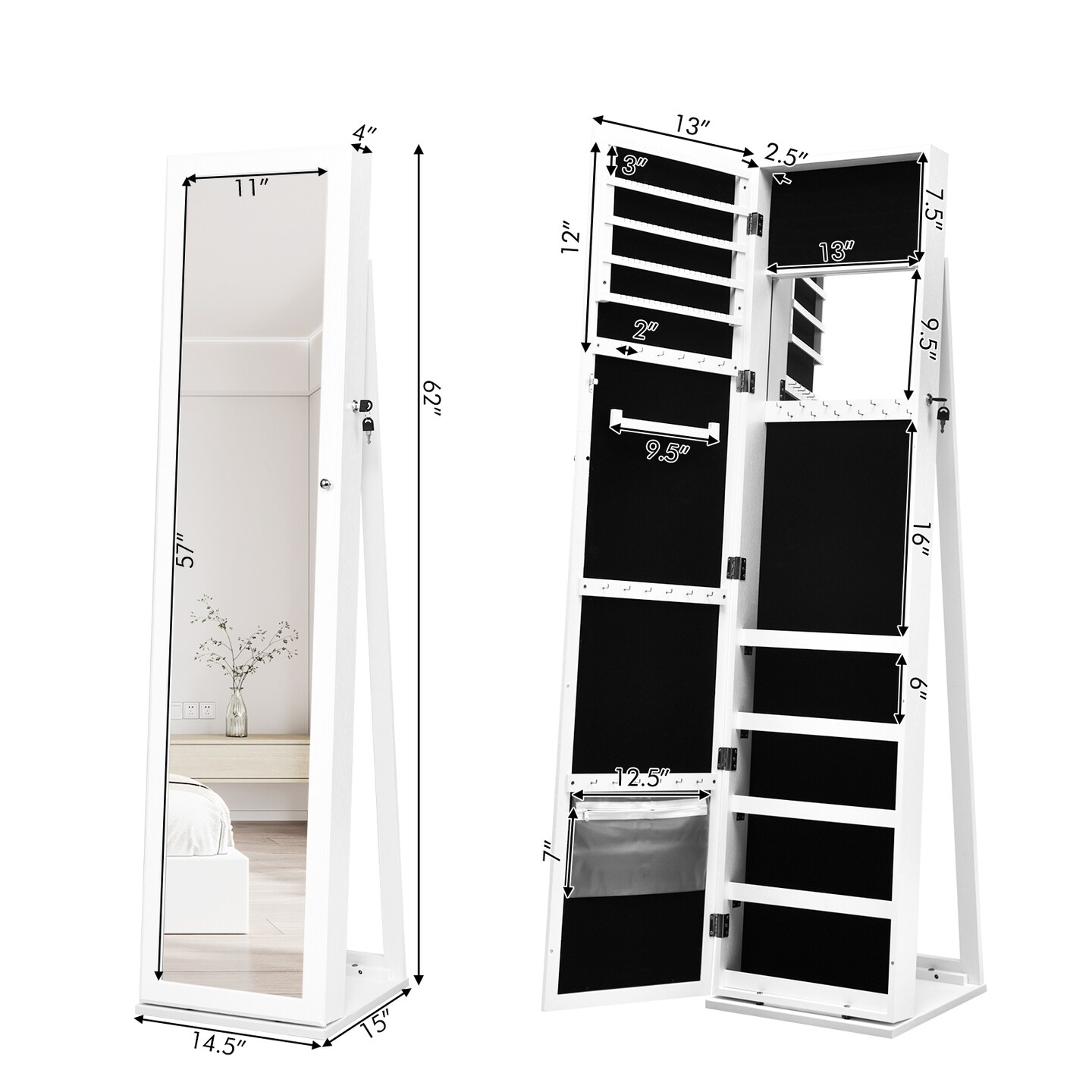 FreeStanding Lockable Jewelry Storage Organizer with Full-Length Mirror