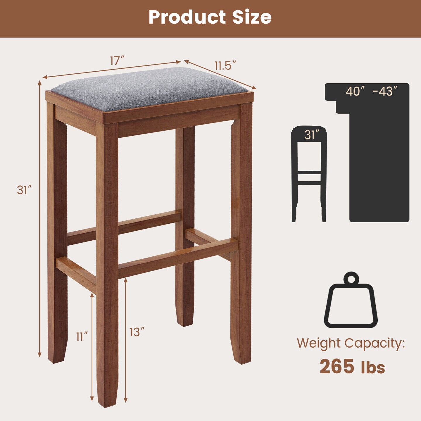 Rubber Wood Linen Bar Stools &#x2013; Backless, 265 lbs Capacity