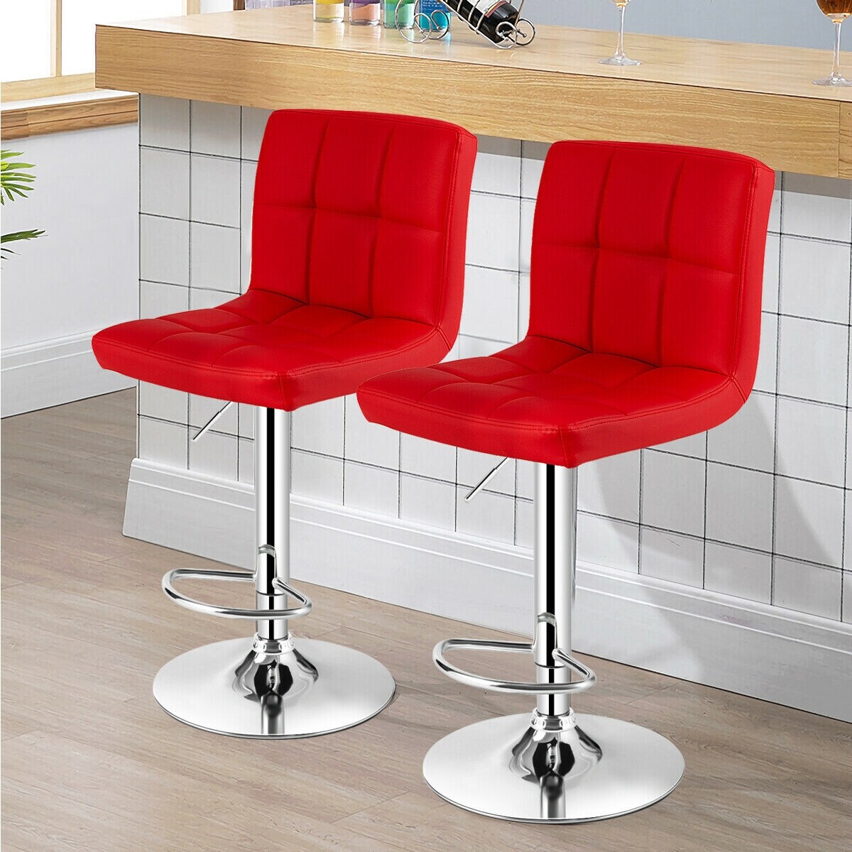 Set of 2 Square Swivel Adjustable PU Leather Bar Stools with Back and Footrest