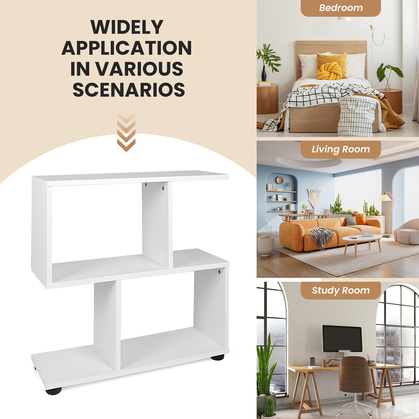Costway 2-Tier Bookshelf S Shaped Bookcase Storage Rack Display Shelf w/Thick Foot Mats