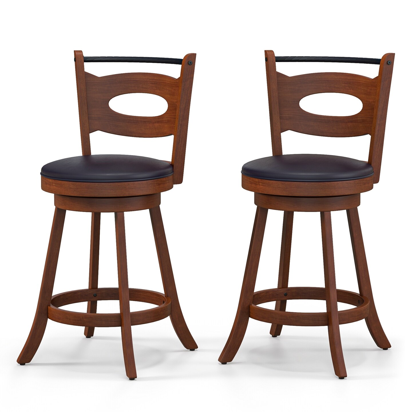 Brown Black Rubber Wood Swivel Bar Stools Cut-Out Back