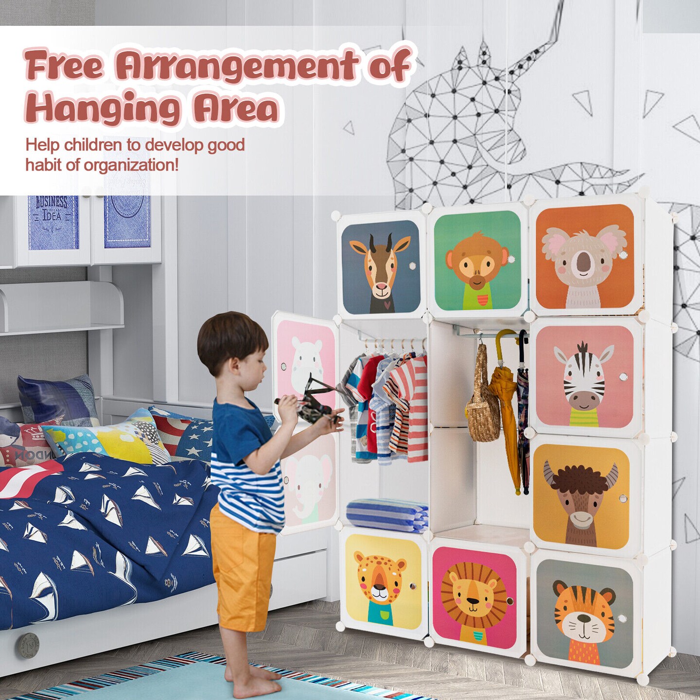 Kids Portable Multi-Cube Closet Storage Cabinet with Cartoon Doors and Sturdy Metal Wires Connections