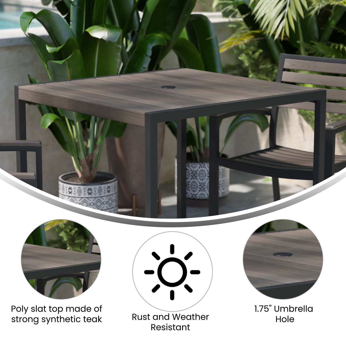 Merrick Lane Faux Teak Outdoor Dining Table with Powder Coated Steel Frame and Umbrella Hole