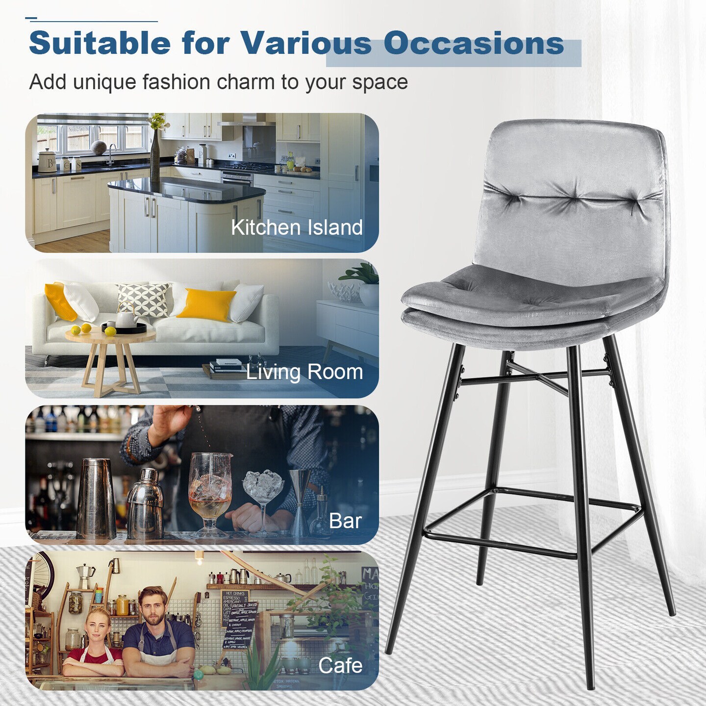 29 Inch Velvet Bar Stools Set with Tufted Back and Footrests- Set of 2
