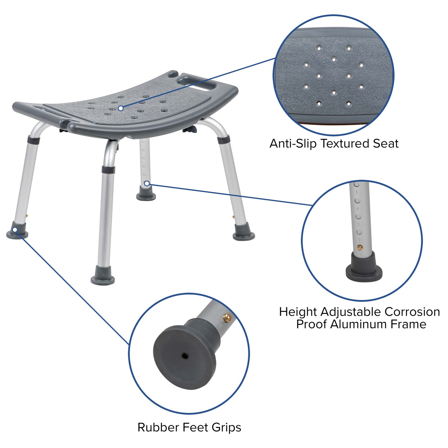 Emma and Oliver Tool-Free 300 Lb. Capacity, Adjustable Bath &#x26; Shower Chair w/ Non-slip Feet