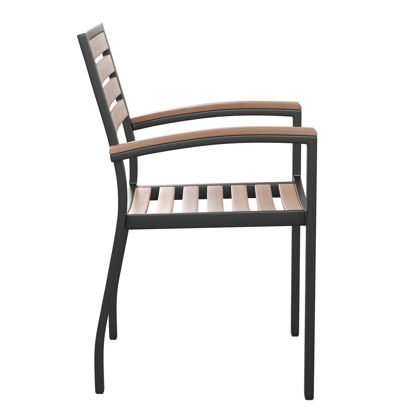 Merrick Lane Hampstead Five Piece Faux Teak Patio Dining Set Includes Table, Two Club Chairs, 9' Patio Umbrella and Base