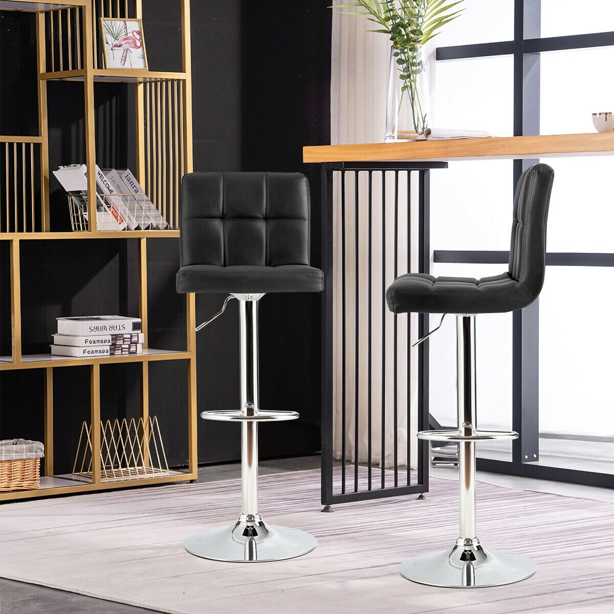 Height Adjustable Swivel Bar Stool with Cushioned Seat and Wide3 Metal Base