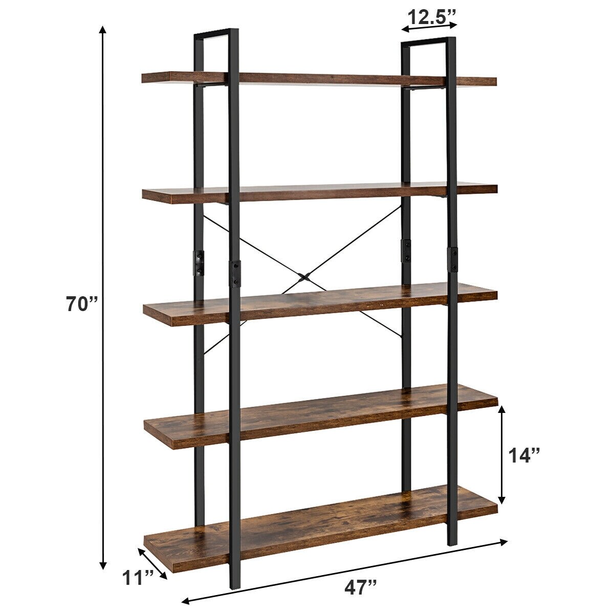 Rustic Brown-Black Iron and Wood Bookcase with Anti-Tip Design