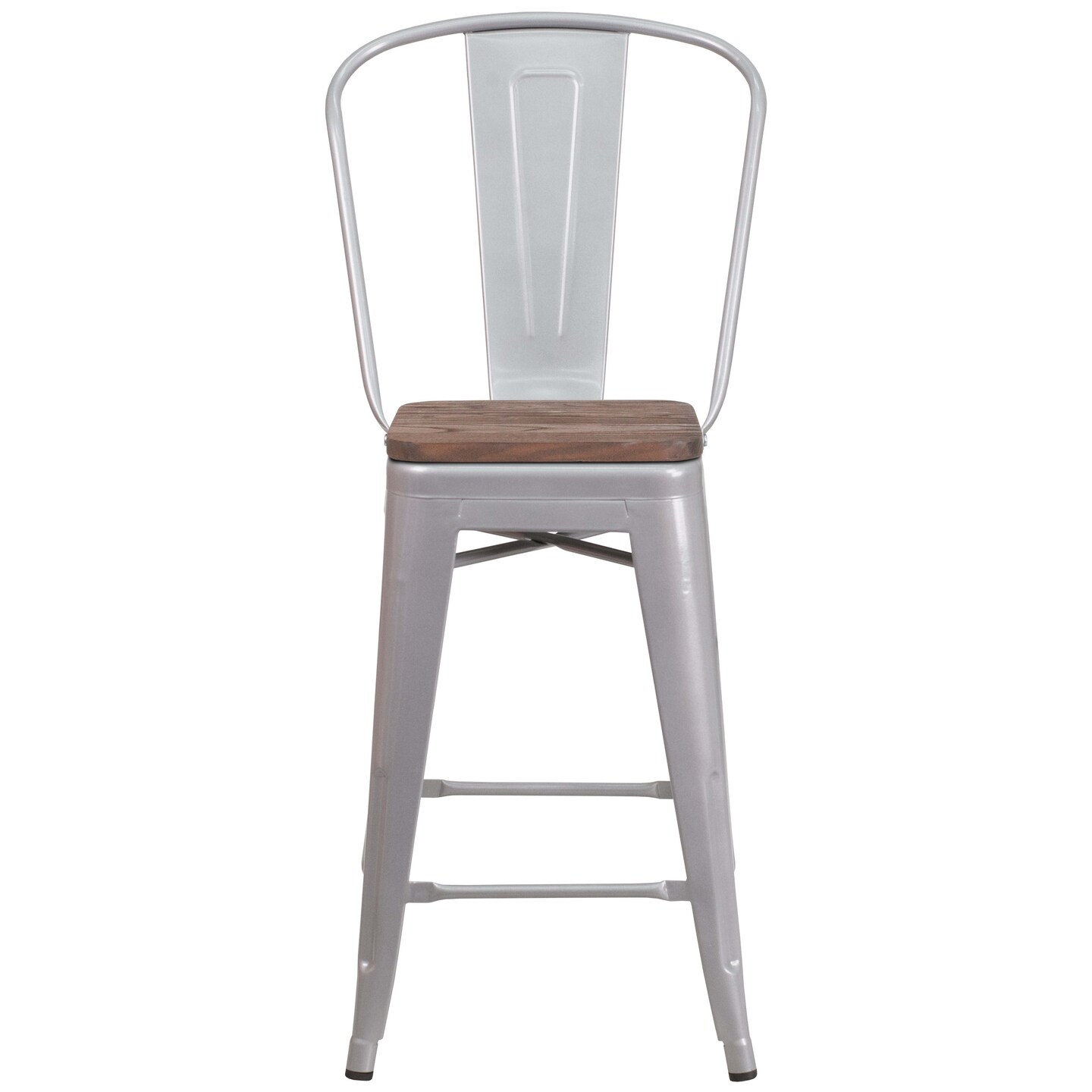 Merrick Lane Donnely Metal Dining Stool with Curved Slatted Back and Textured Wood Seat