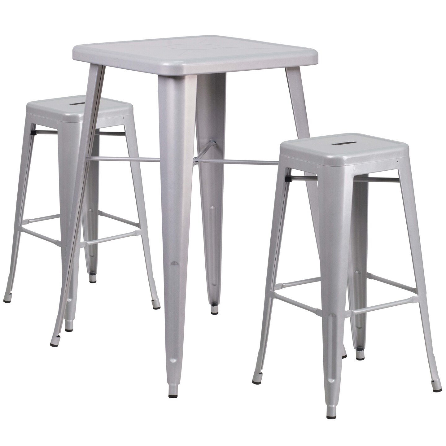 Emma and Oliver Commercial Grade 23.75" Square Metal Indoor-Outdoor Bar Set & 2 Backless Stools