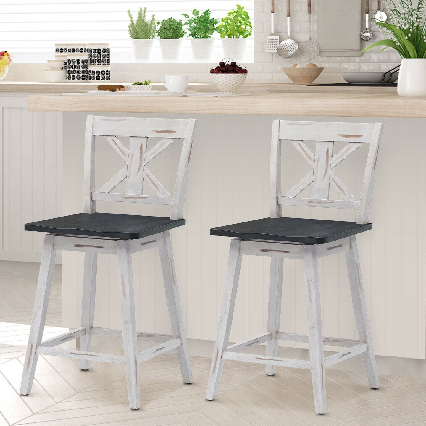 Set of 2 Swivel Counter Height Bar Stools with Solid Wood Legs-White