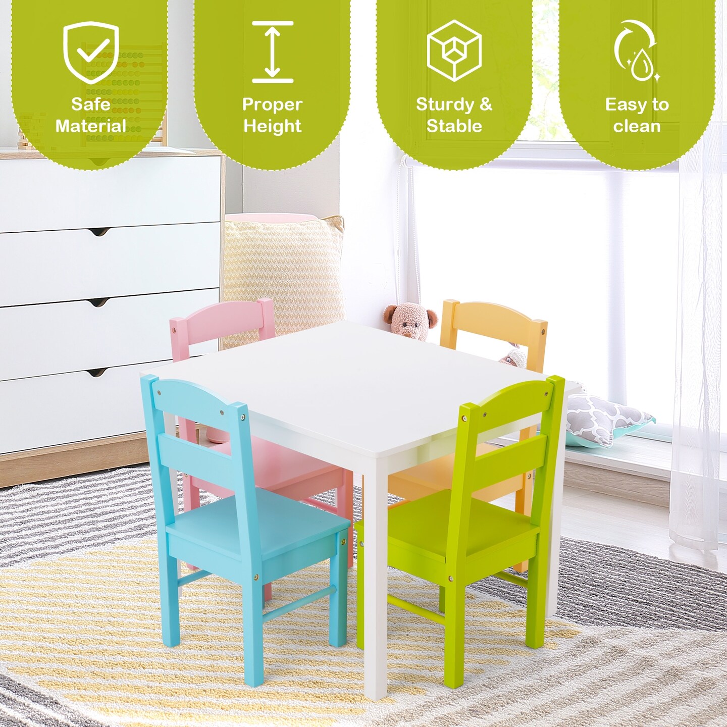 Kids 5 Pieces Table and Chair Set Wooden Children Activity Playroom Furniture Gift