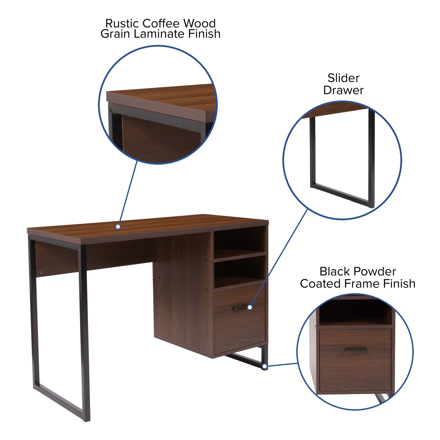 Merrick Lane Brighton Rustic Computer Desk with Shelving and Storage Drawer Metal Frame Pedestal Base Home Office Desk
