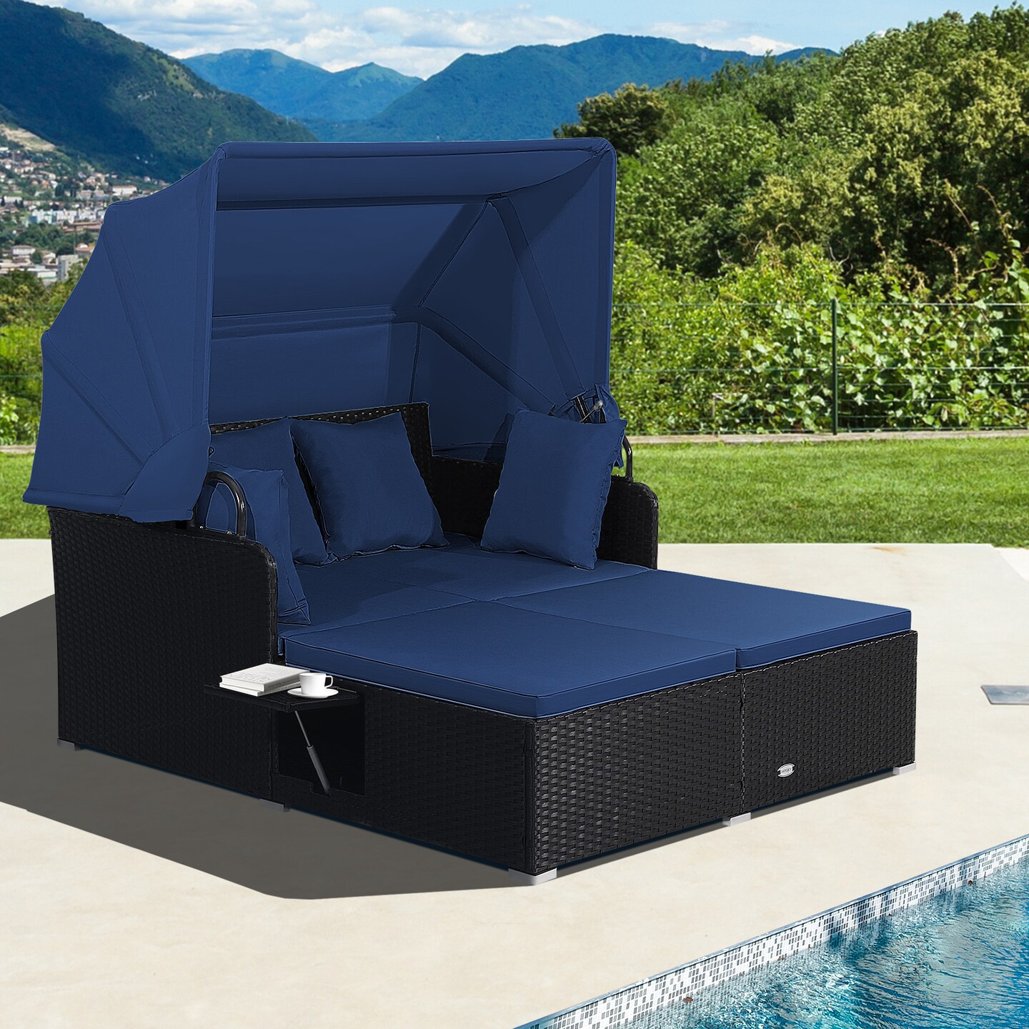 Outdoor Rattan Daybed With Canopy PE Wicker Patio Lounge Sofa Set With Cushions Poolside Garden Double Sun Bed Furniture