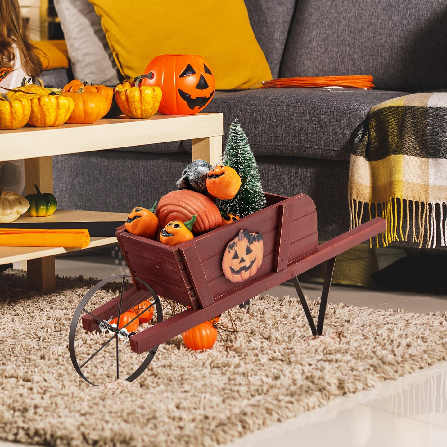 Wooden Wagon Planter With 9 Magnetic Accessories For Garden Yard