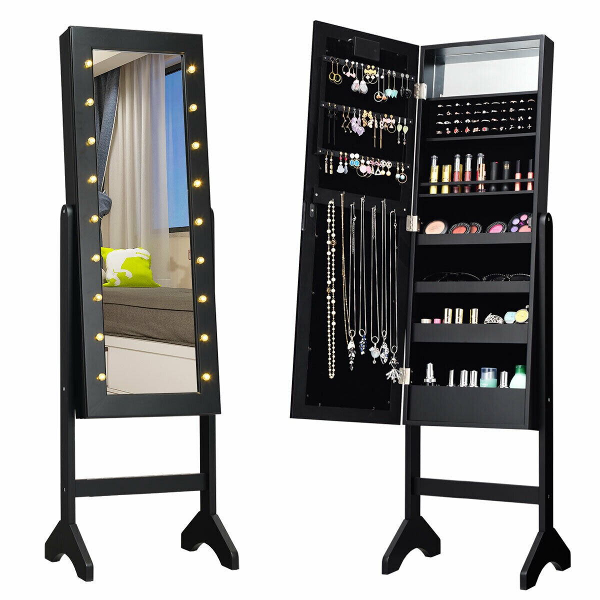 Gymax Full Length Mirror Jewelry Organizer Vanity Box w/ 18 LED Lights