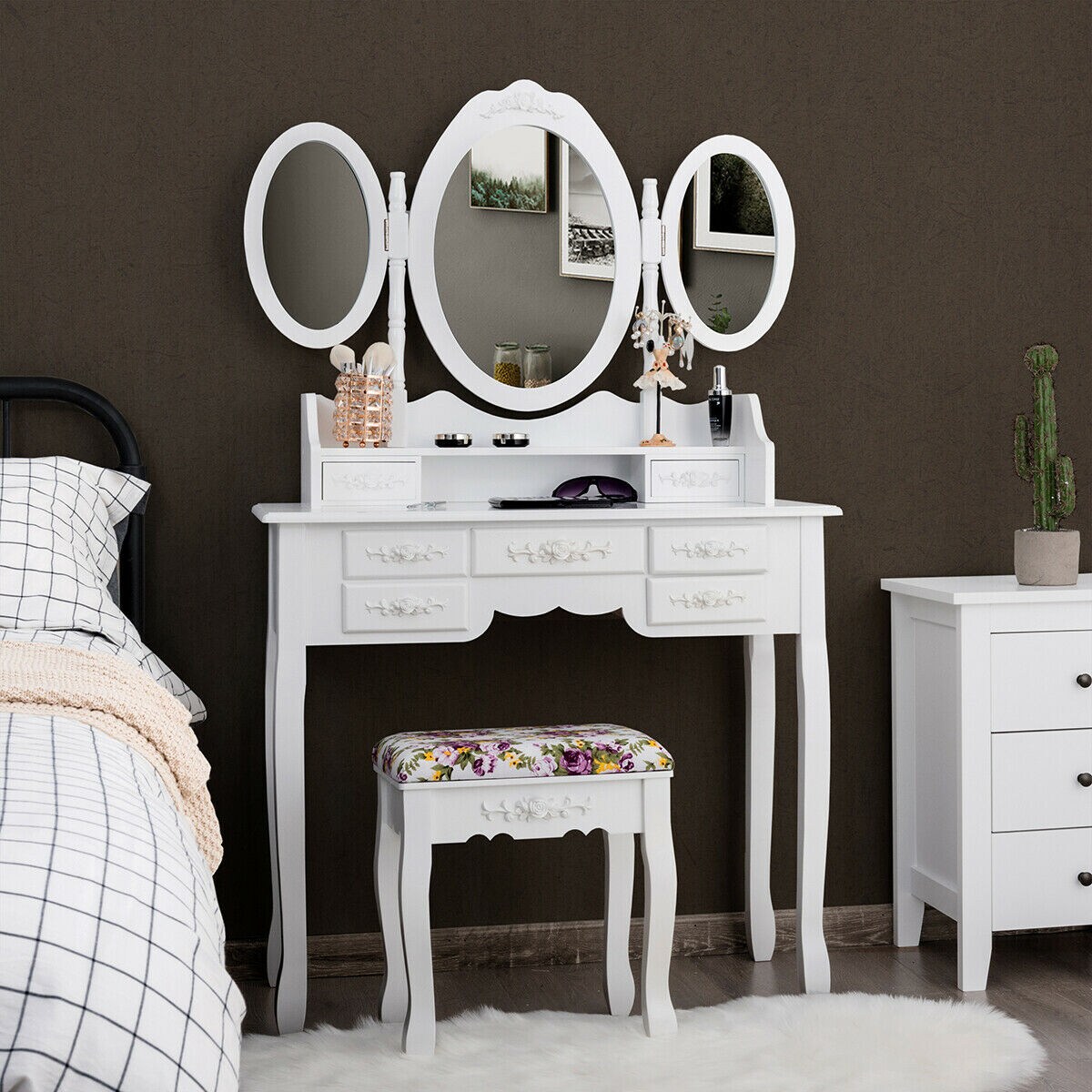 Vanity Makeup Set W/7 Drawer Tri-Folding Mirror Dressing Table And Stool Set