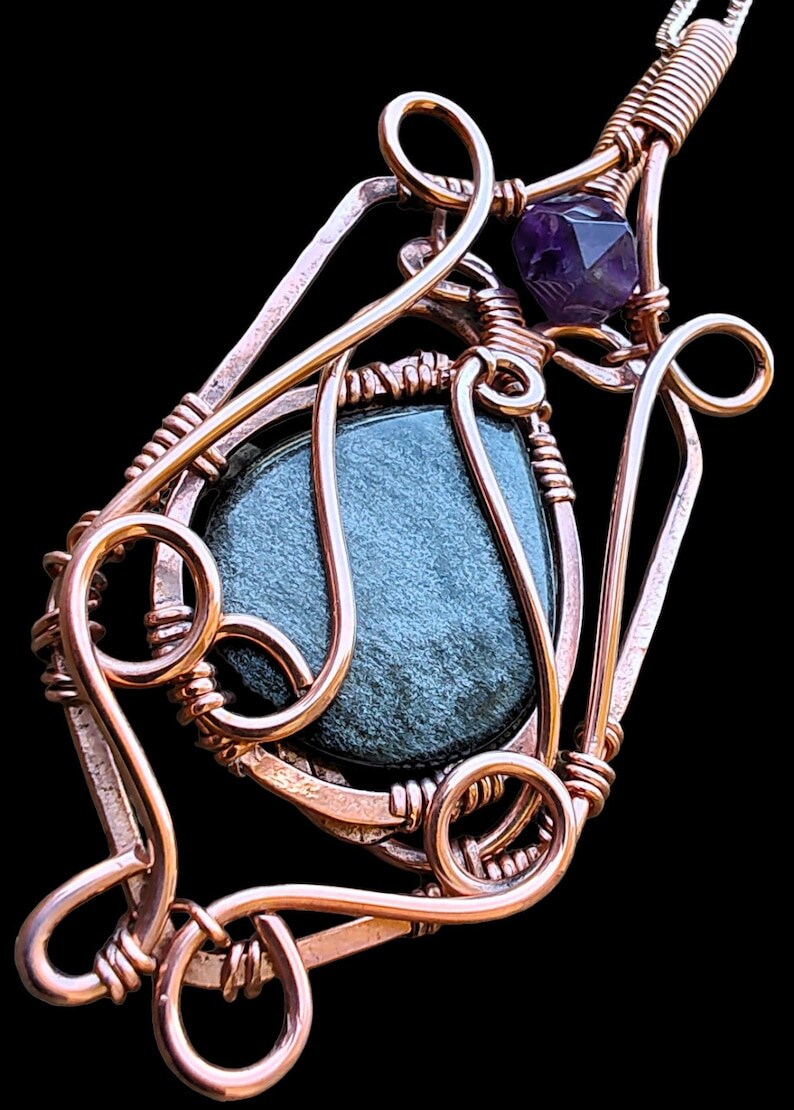 Rare Natural Silver Sheen Obsidian Teardrop Amethyst Copper Elven