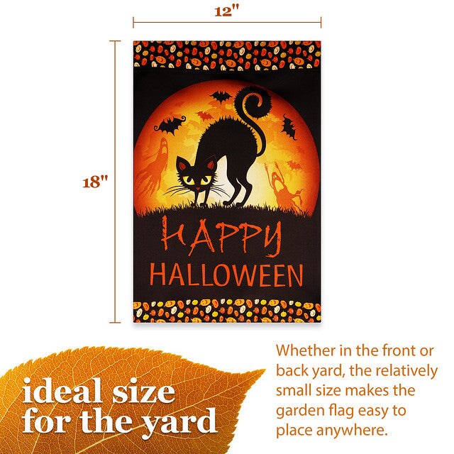 G128 Garden Flag Happy Halloween Black Cat and Ghosts | 12x18 Inch | Printed Blockout Polyester - Halloween Fall Decoration