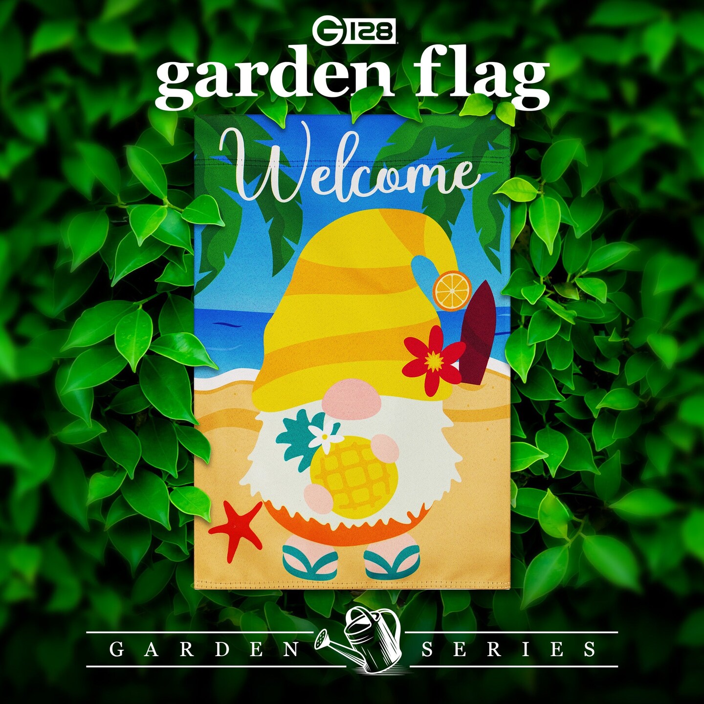 G128 Garden Flag Welcome Gnome at Beach with Pineapple 12"x18" Blockout Fabric