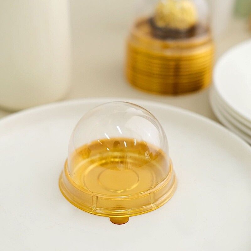 50 Gold 3&#x22; Round Mini Cupcake Boxes with Clear Dome Plastic Favor Holders