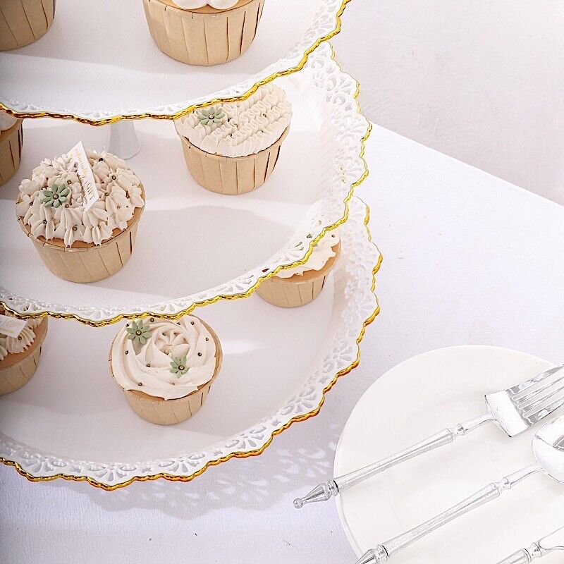 15" Metallic White Gold 3 Tier Plastic Cupcake Stand Round Tower Lace