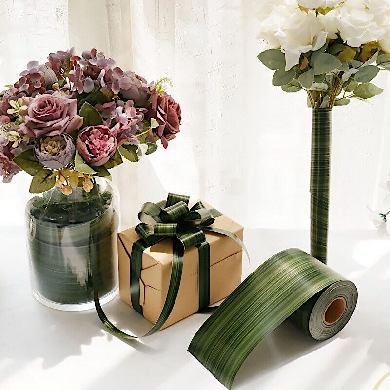 Green 50 yards 4 in Satin RIBBON Roll Two Sided Ti Leaf Pattern