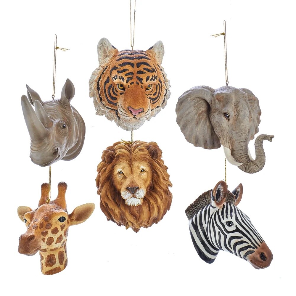 KSA Pack of 12 Brown and Gray Jungle Animal Heads Christmas Ornaments 3.5&#x22;
