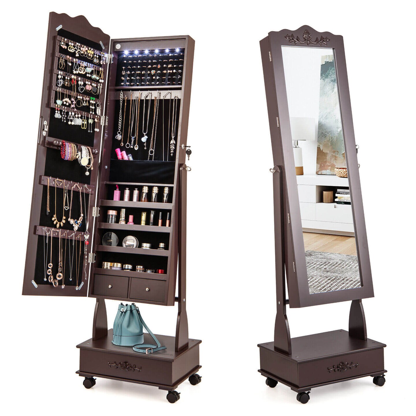 Rolling Floor Standing Mirrored Jewelry Armoire with Lock and Drawers
