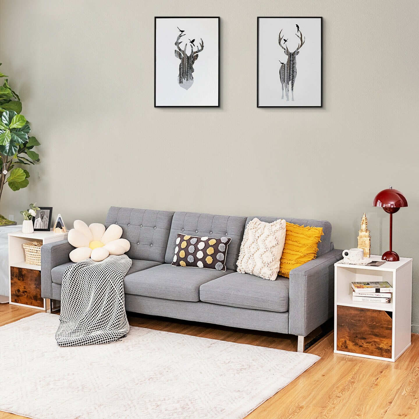 Set of 2 Side End Table Nightstands with Triangular Cut-Out Cabinet Door and Large Open Shelf