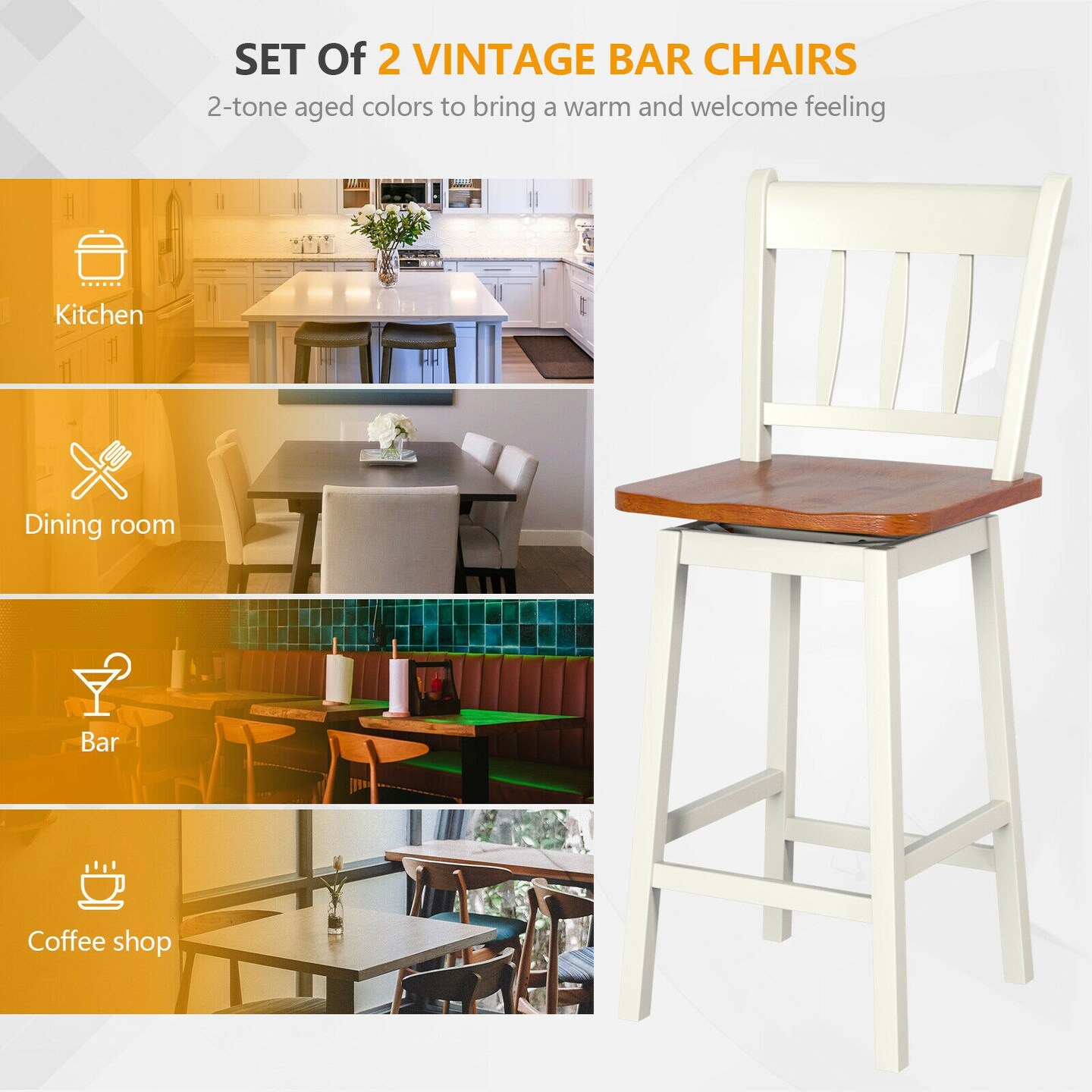 Set of 2 Swivel Bar Stools with 360° Swiveling and High Backrest