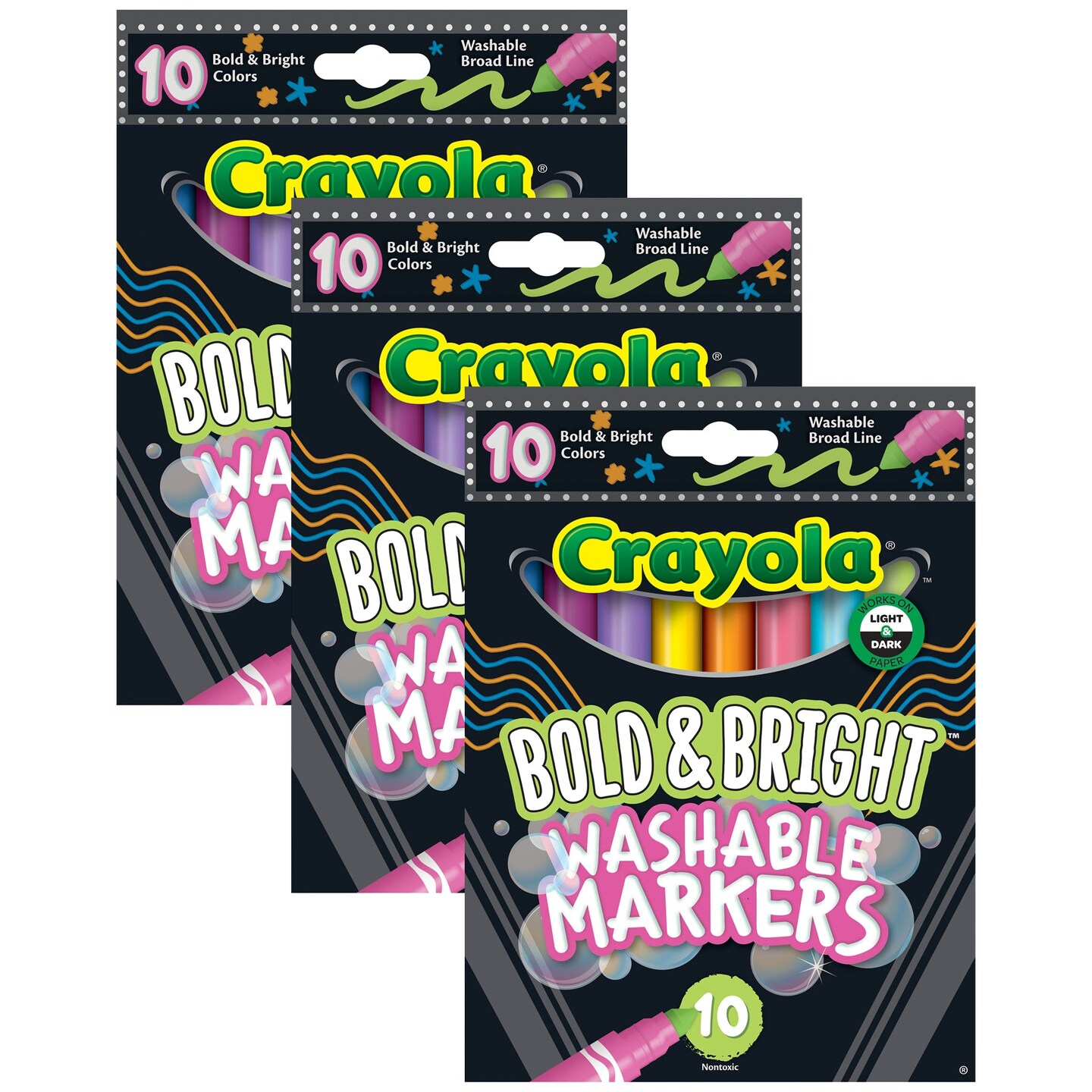 Broad Washable Markers, 10-Color Bright Shades