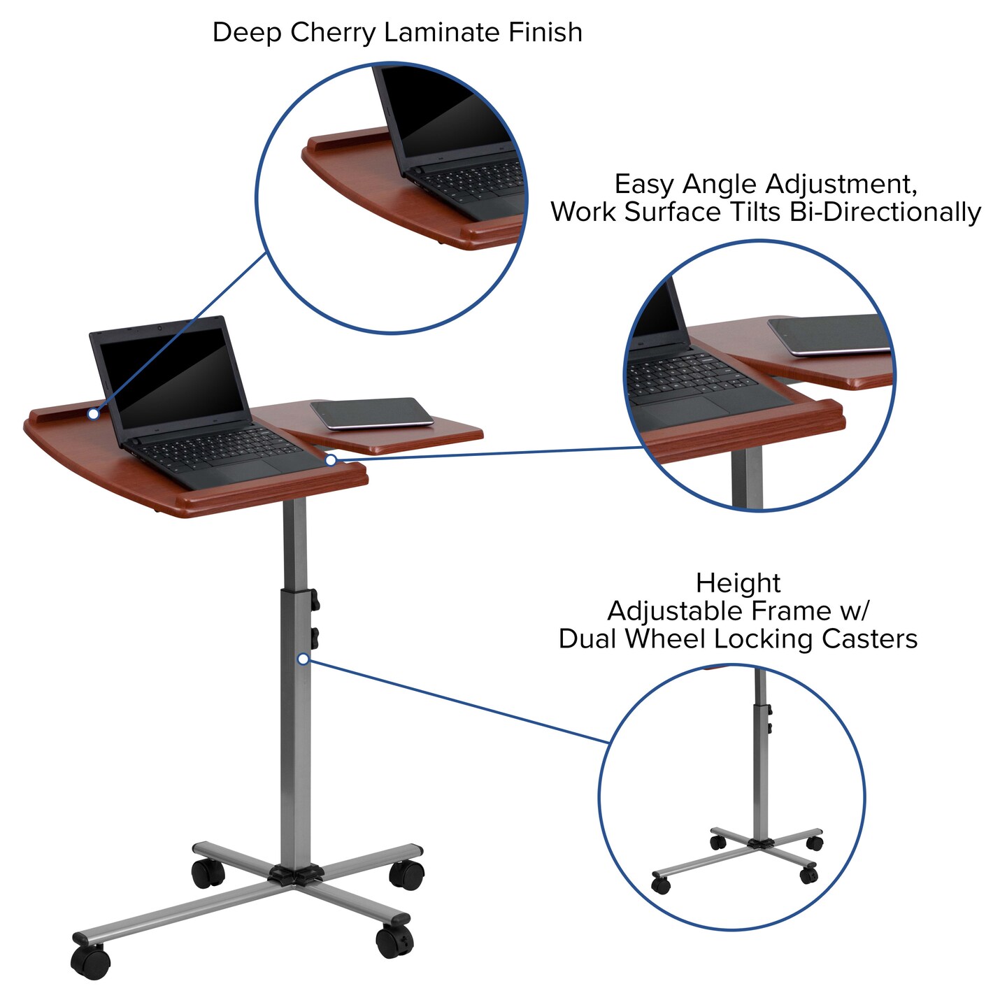 Emma and Oliver Angle and Height Adjustable Mobile Laptop Computer Table with Top