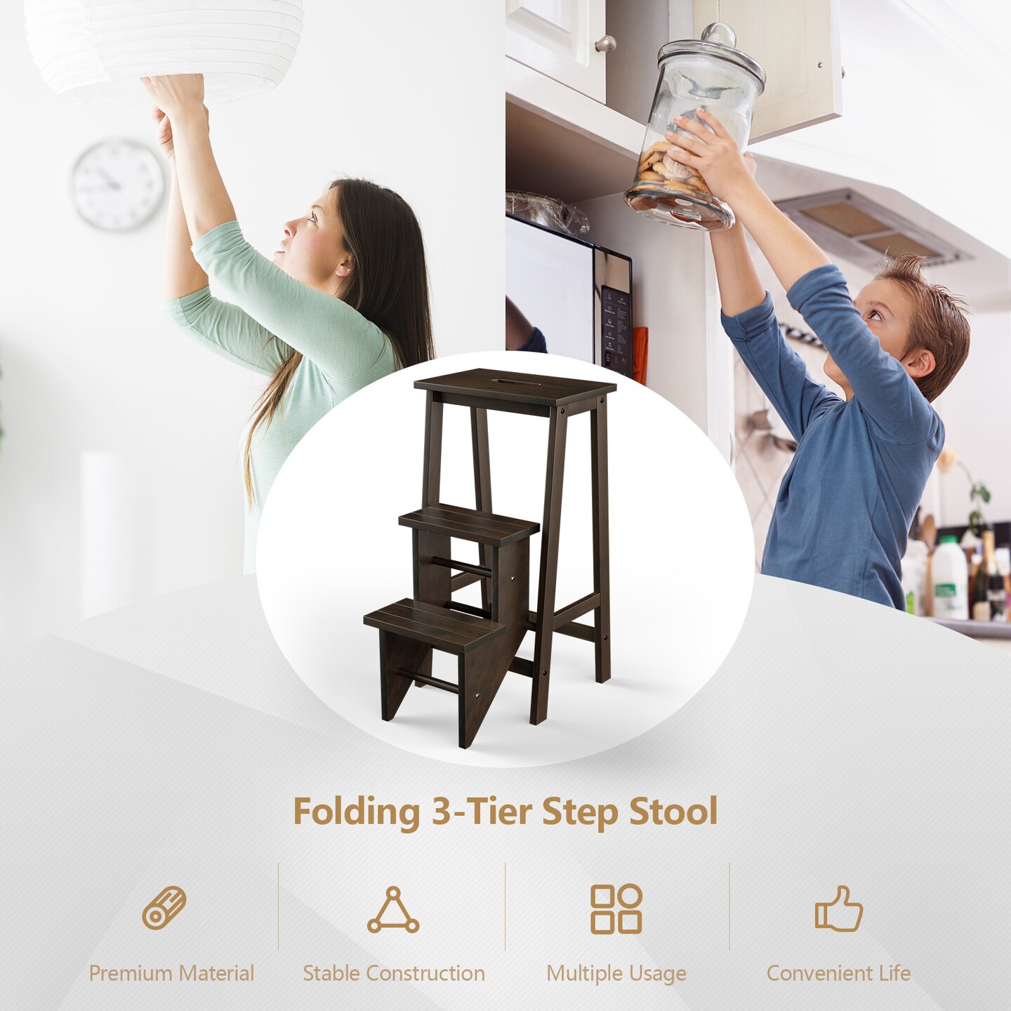 3-in-1 Rubber Wood 3 Tier Folding Step Stool Ladder Storage Shelf