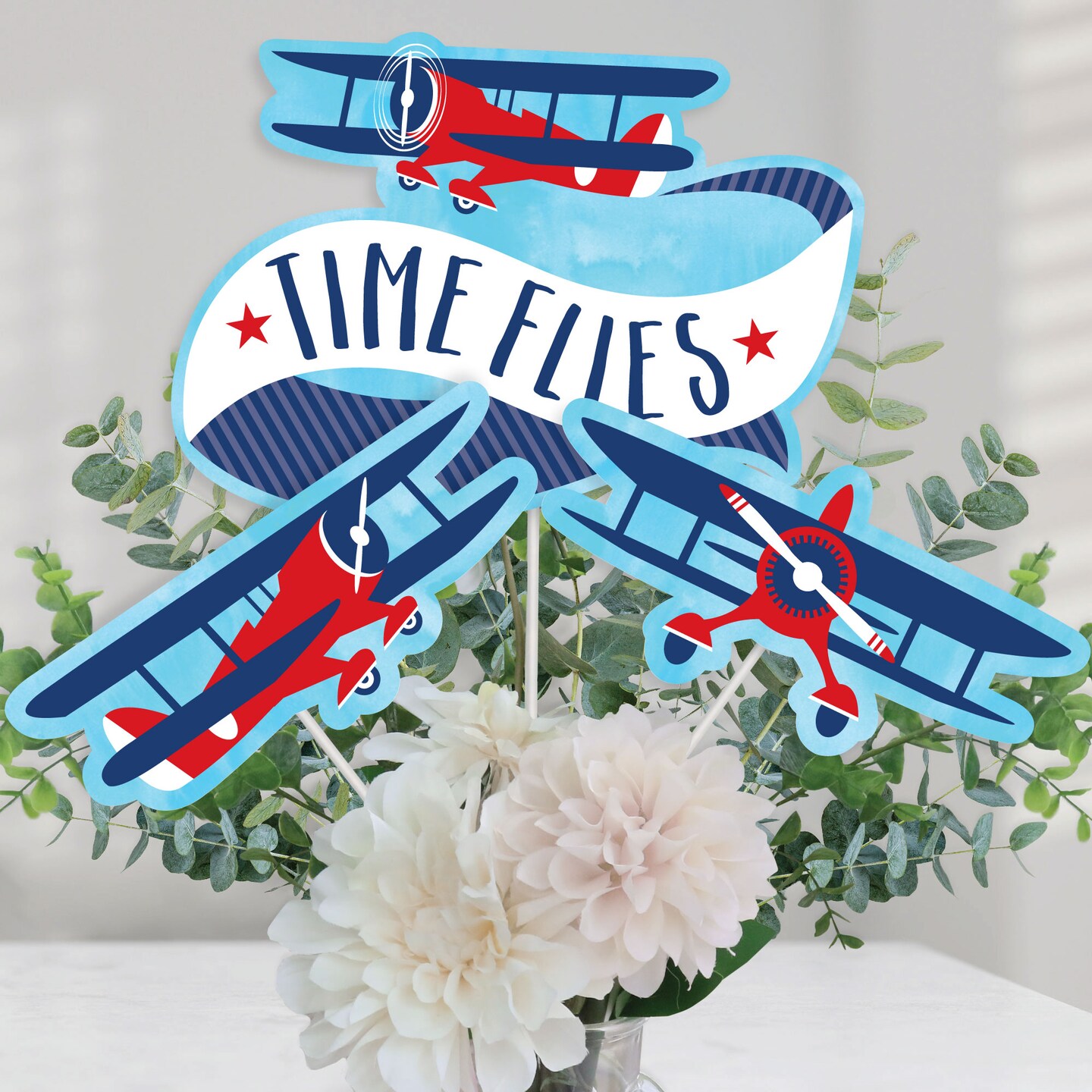 Big Dot of Happiness Taking Flight - Airplane - Vintage Plane Baby Shower or Birthday Party Centerpiece Sticks - Table Toppers - Set of 15