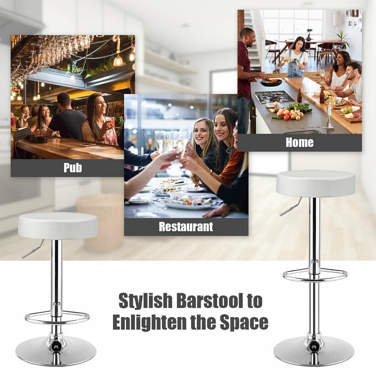 Modern Swivel Round PU Leather Seat Bar Stool with Adjustable Height and Steel Base
