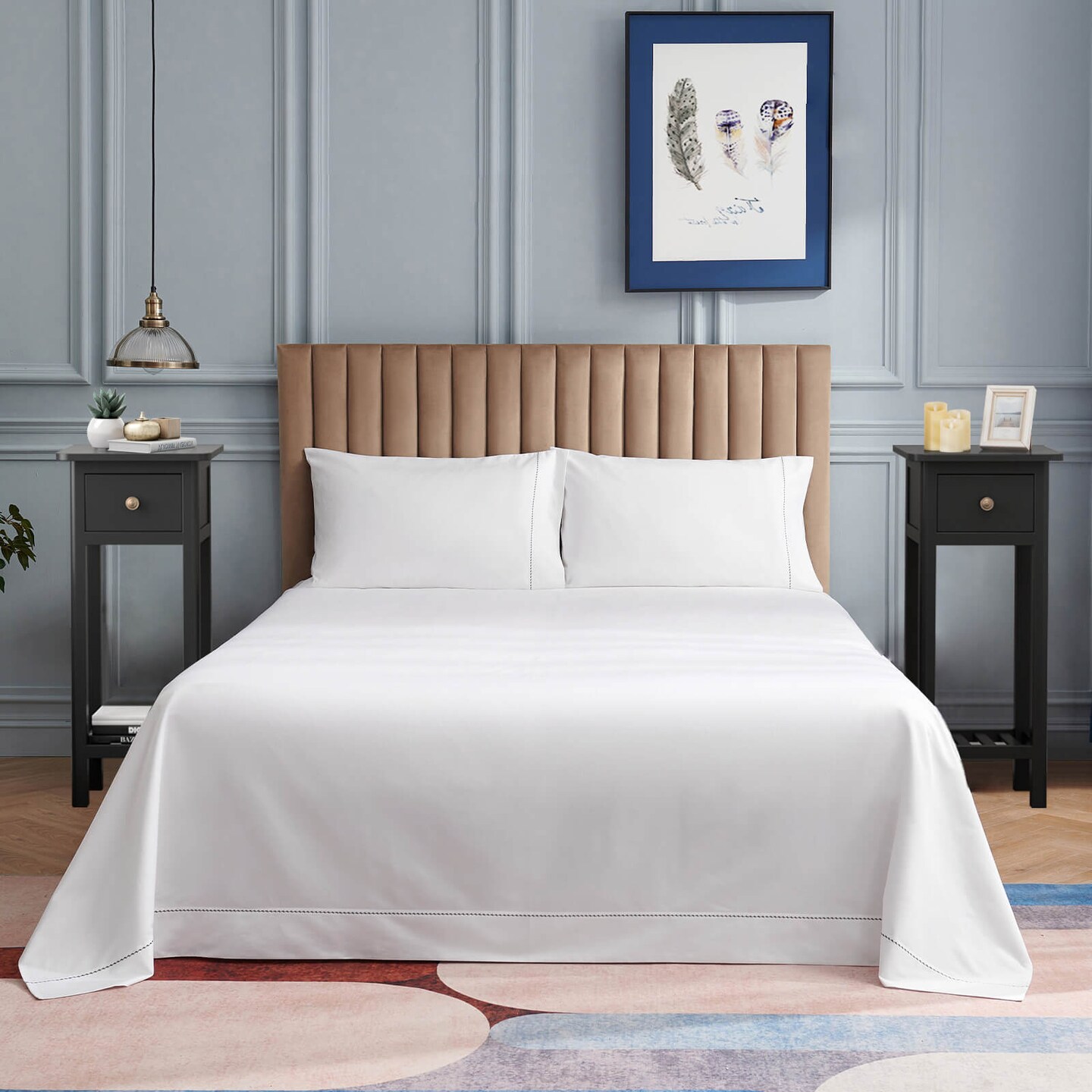 2 Tier Slim Rectangular Bedside Table Nightstand with Open Shelf and Small Drawer
