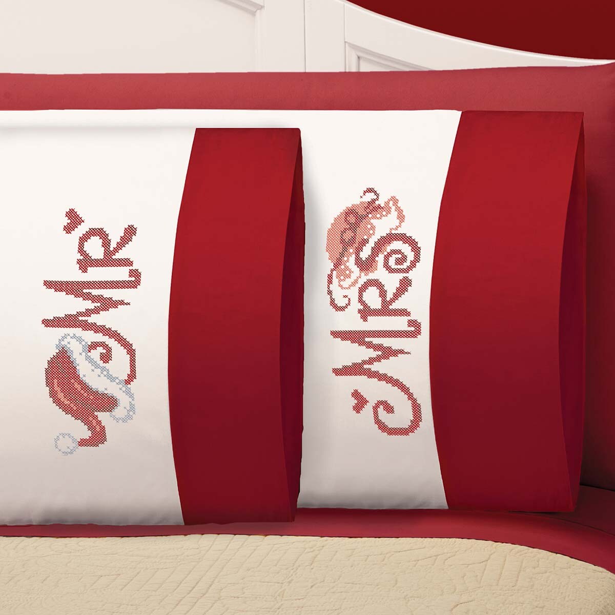 Herrschners  Mr &#x26; Mrs Santa Pillowcase Pair Stamped Cross-Stitch