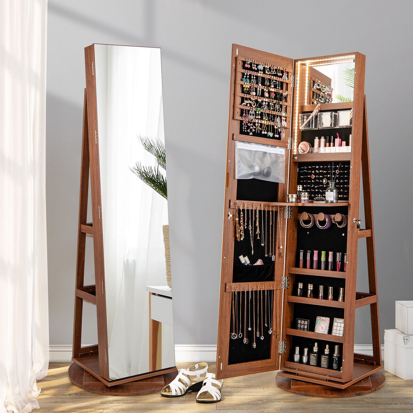 360 Degree Full Length Mirror Jewelry Armoire Cabinet with 3-Color LED Lights and Lockable Door