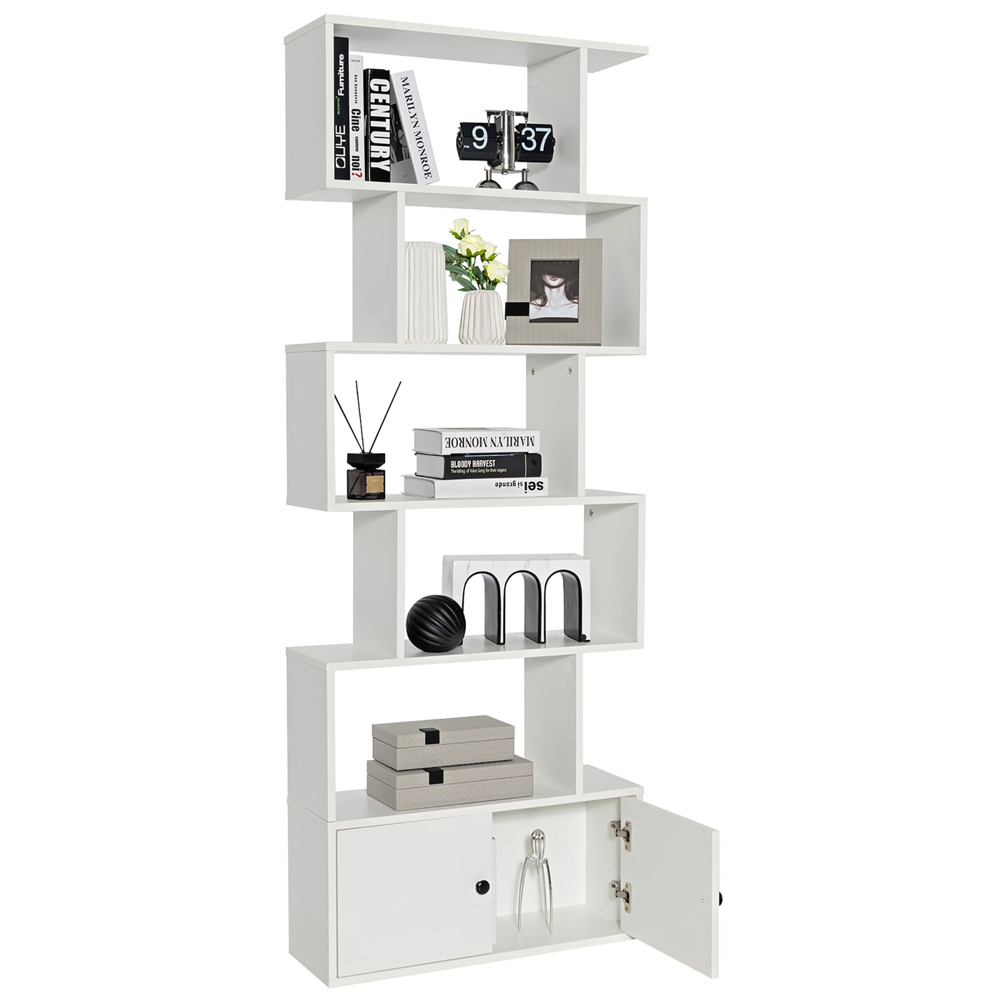 Costway 1 PC Bookshelf w/Cabinet 6-Tier S-Shaped Bookcase Storage Rack Rustic Brown\White