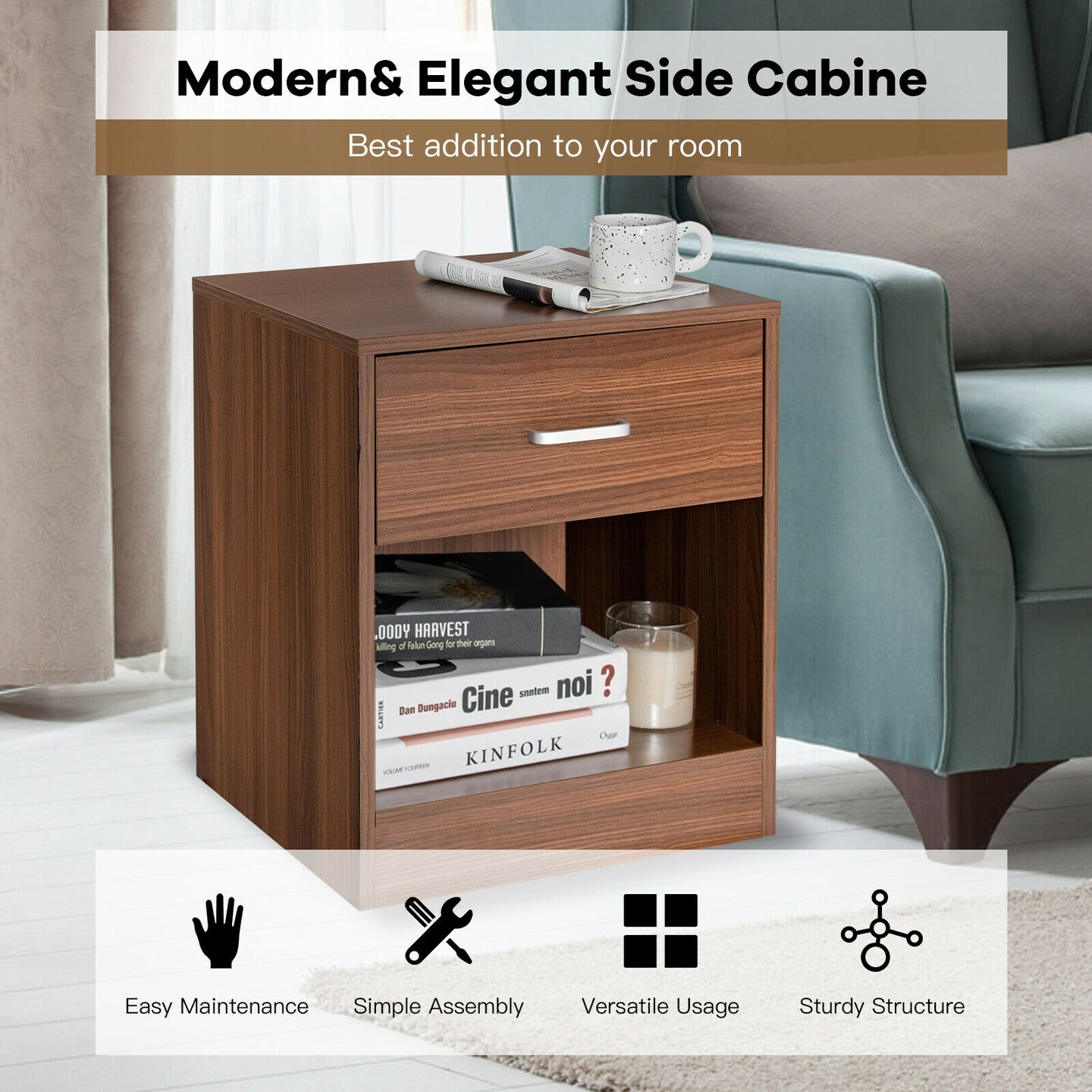 Set of 2 Modern Nightstand with Storage Drawer with Metal Handle and Large Open Shelf