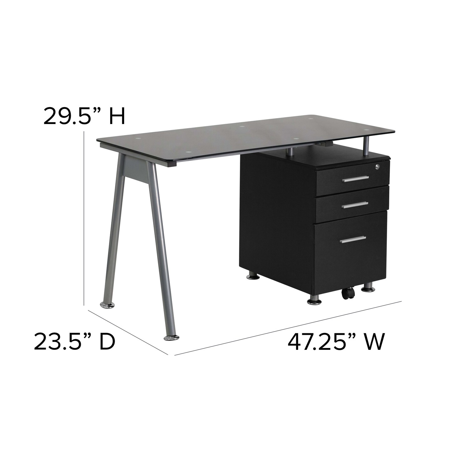 Emma and Oliver Computer Desk with Tempered Glass Top and Three Drawer Pedestal